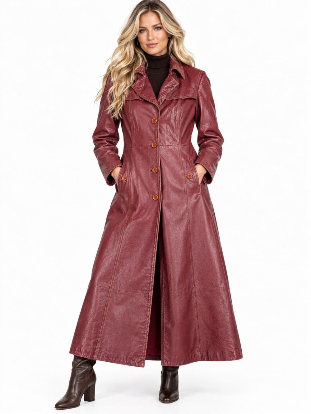 Vintage Di Costa Burgundy Leather Trench Coat 70s Boho Size 12 EUC